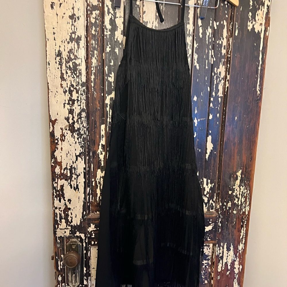 Women’s Black Layered Fringe Detail Halter Dress. Size M.